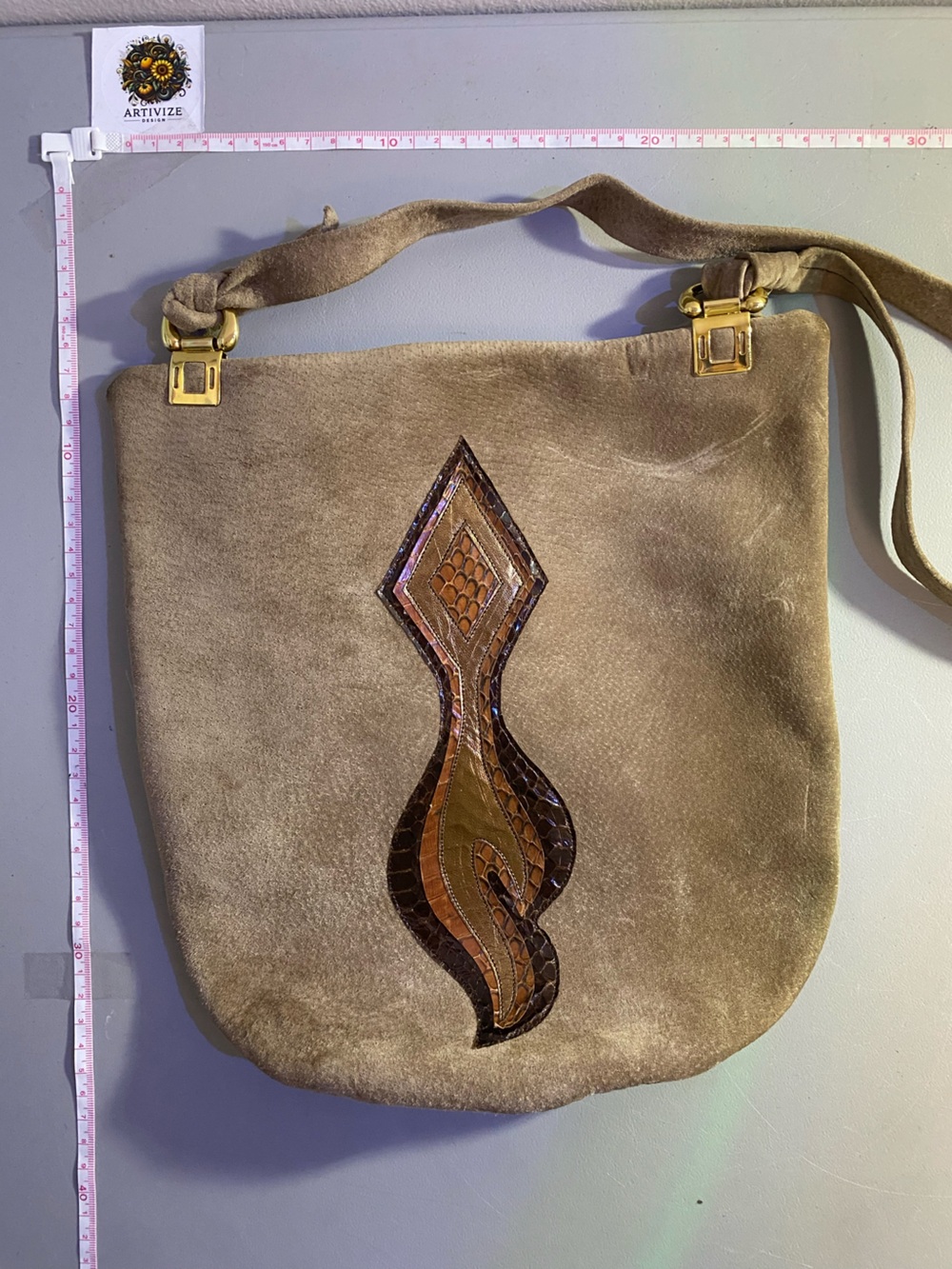Suede Shoulder Bag with Decorative Leather Inlay — Taupe